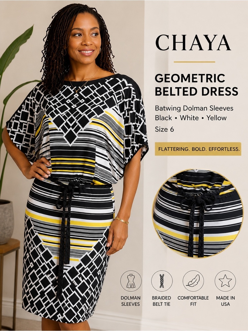 Chaya Geometric Print Midi Dress Size 6 Dolman Sleeve Belted Black White Yellow - Picture 5 of 12